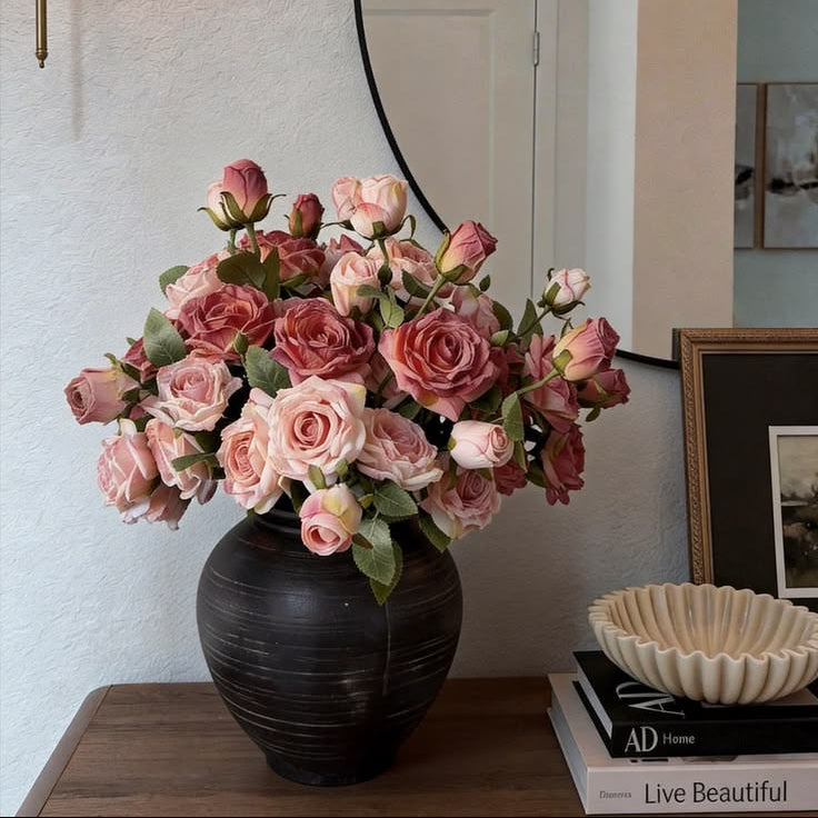 Dense multi shade dusty rose realistic fake flowers full bush arrangement for fireplace mantel sideboard decor