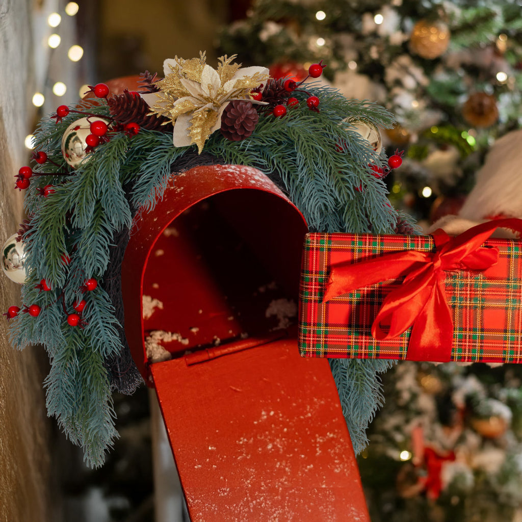 All weather pine wreath for front door & mailbox with gold poinsettia, berries and gold baubles